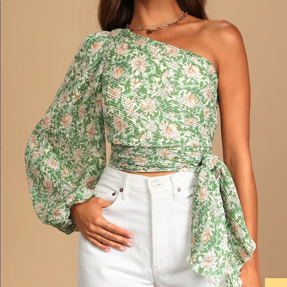 Lulus Grow Toward Love Green Floral Print Pleated One-Shoulder Top (M) - NWT!